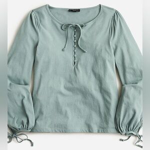 J Crew Broken In Jersey Button Front Top  Green Long Sleeve Peasant 100% cotton
